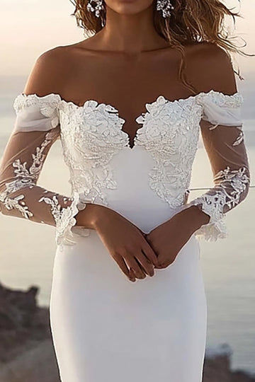 Mermaid Off The Shoulder Ivory Lace Long Wedding Dress